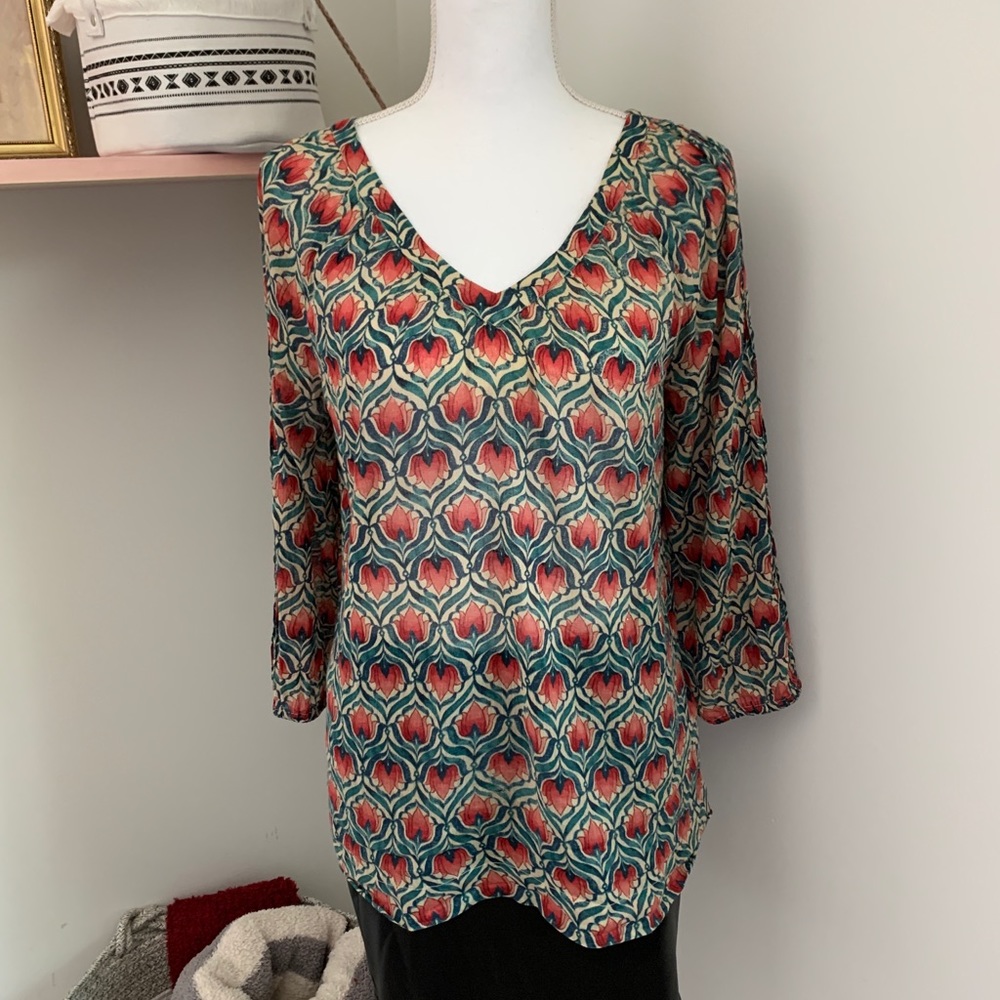 Lucky Brand Flower Pattern 3/4 Sleeve Top